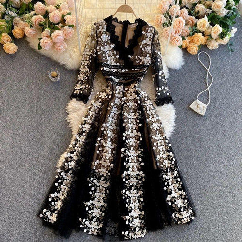 Orleans Embroidered Lace Mesh Midi Dress In Black