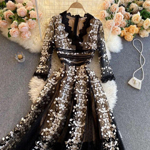 Orleans Embroidered Lace Mesh Midi Dress In Black