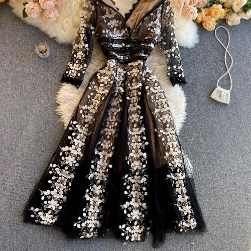 Orleans Embroidered Lace Mesh Midi Dress In Black