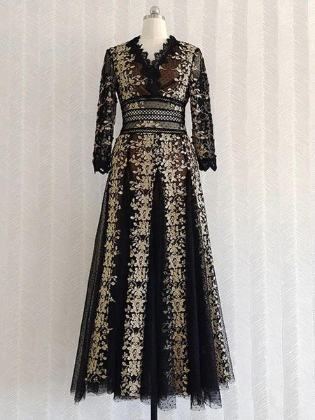 Orleans Embroidered Lace Mesh Midi Dress In Black - front shot on mannequin, black - Miss Mosa By Akanksha