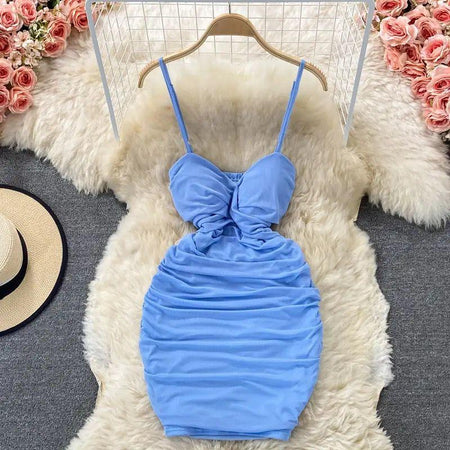 Paislee Bodycon Mesh Dress - styled flat-lay shot, blue - Miss Mosa By Akanksha