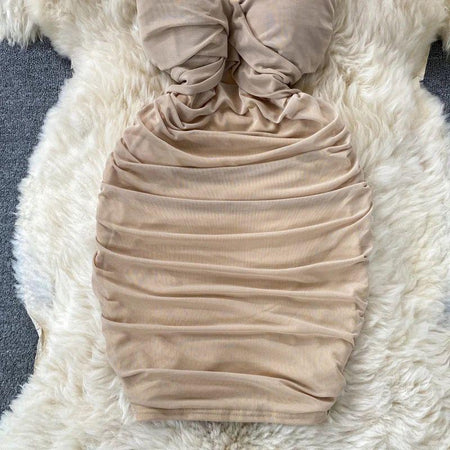Paislee Bodycon Mesh Dress - close-up of dress skirt, beige - Miss Mosa By Akanksha