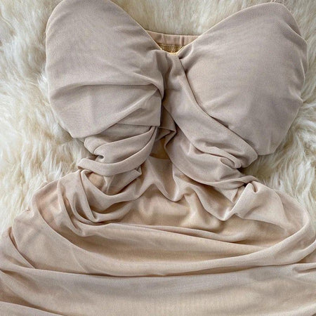 Paislee Bodycon Mesh Dress - close-up of dress bodice, beige - Miss Mosa By Akanksha