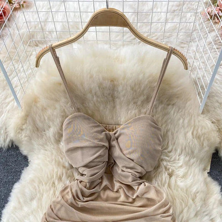 Paislee Bodycon Mesh Dress - close-up of dress bodice, beige - Miss Mosa By Akanksha