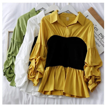 Panelled Lantern Sleeve Blouse - styled flat-lay shot, yellow - Miss Mosa By Akanksha