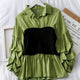 Panelled Lantern Sleeve Blouse - styled flat-lay shot, green - Miss Mosa By Akanksha