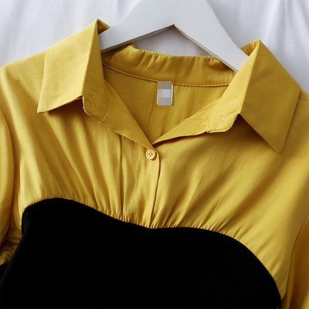 Panelled Lantern Sleeve Blouse - close-up of neckline, yellow - Miss Mosa By Akanksha
