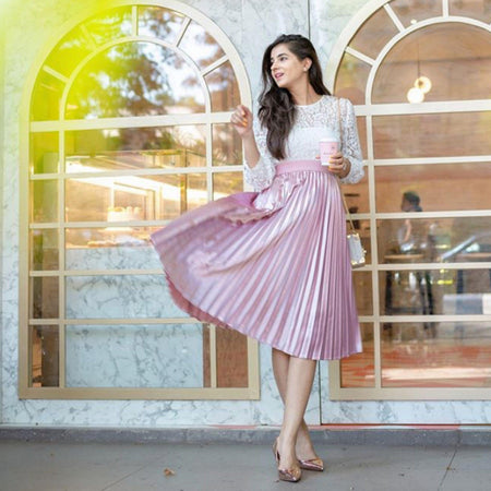 Pegmove Pleated Skirts - lifestyle shot on model, pink - Miss Mosa By Akanksha