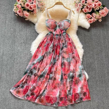 Peony Bustier Dress In Multicolour - full-length flat-lay shot, pink - Miss Mosa By Akanksha