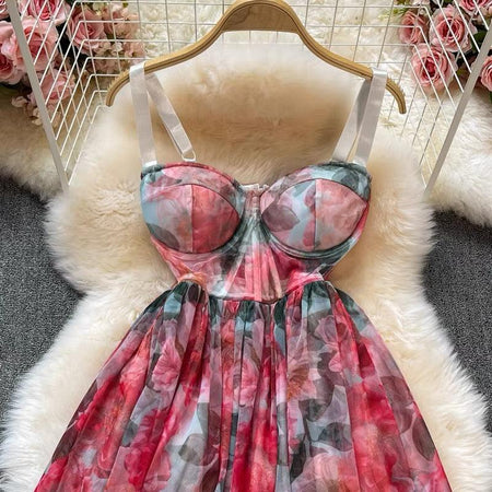 Peony Bustier Dress In Multicolour - close-up of bustier bodice, pink - Miss Mosa By Akanksha