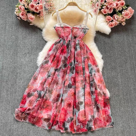 Peony Bustier Dress In Multicolour - full-length shot on hanger, pink - Miss Mosa By Akanksha