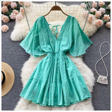 Pepe Eyelet Dress - styled flat-lay shot, green - Miss Mosa By Akanksha