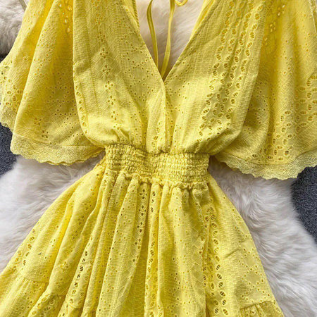 Pepe Eyelet Dress - close-up of neckline and waist, yellow - Miss Mosa By Akanksha