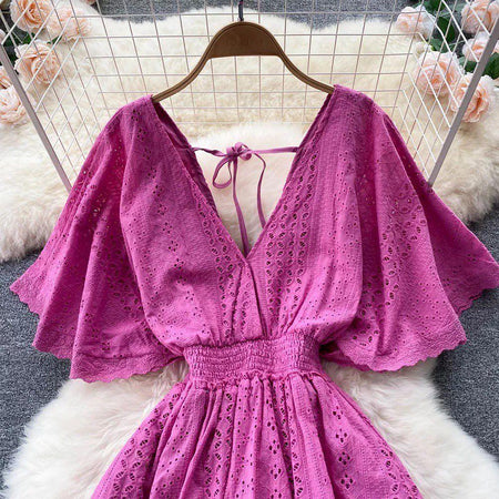 Pepe Eyelet Dress - close-up of neckline, magenta - Miss Mosa By Akanksha