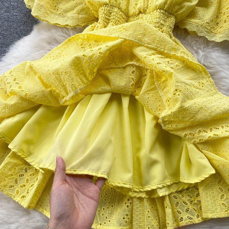 Pepe Eyelet Dress - close-up of skirt lining, yellow - Miss Mosa By Akanksha