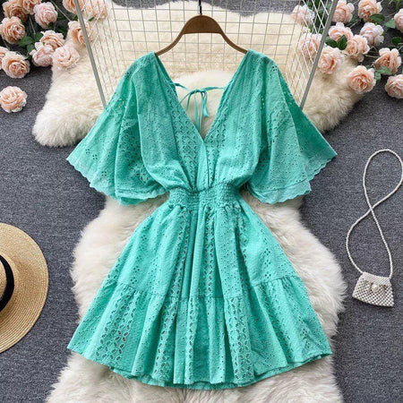 Pepe Eyelet Dress - styled flat-lay shot, green - Miss Mosa By Akanksha