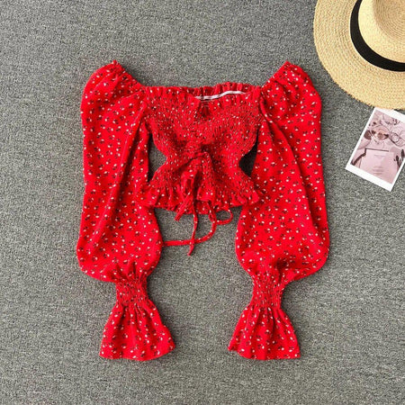 Philly Drawstring Lantern Sleeve Crop Top - flat-lay product shot, red - Miss Mosa By Akanksha