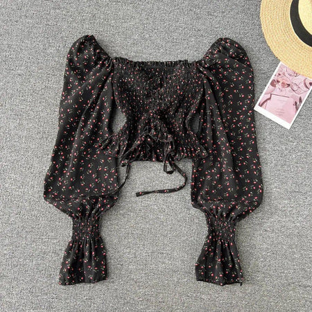Philly Drawstring Lantern Sleeve Crop Top - flat-lay product shot, black - Miss Mosa By Akanksha