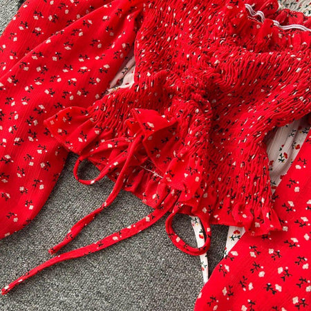 Philly Drawstring Lantern Sleeve Crop Top - close-up of floral fabric, red - Miss Mosa By Akanksha