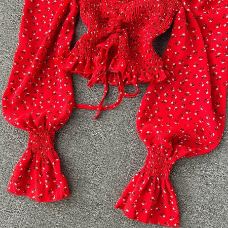 Philly Drawstring Lantern Sleeve Crop Top - close-up of sleeves, red - Miss Mosa By Akanksha