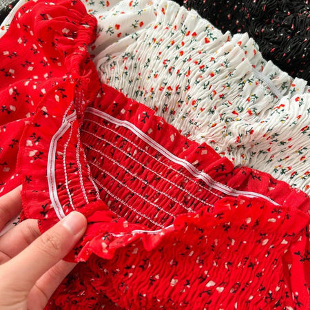 Philly Drawstring Lantern Sleeve Crop Top - close-up of smocked bodice, red - Miss Mosa By Akanksha