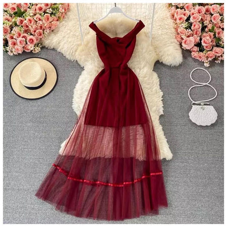 Philo Mesh Detailed Dress - front shot on hanger, red - Miss Mosa By Akanksha