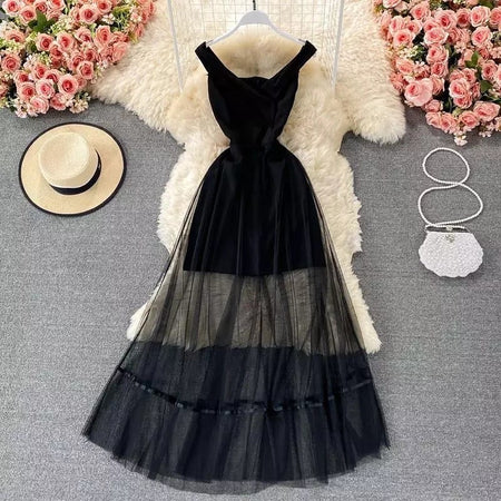 Philo Mesh Detailed Dress - front shot on hanger, black - Miss Mosa By Akanksha