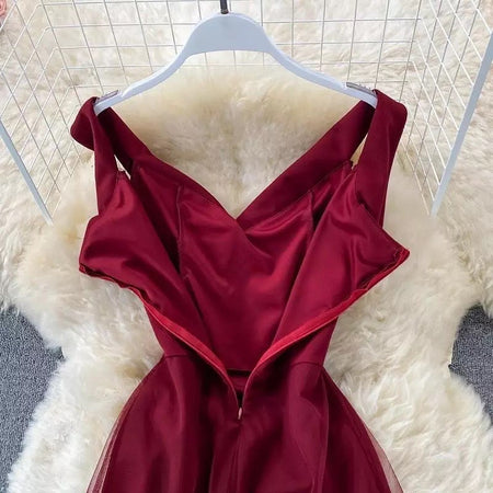 Philo Mesh Detailed Dress - close-up of neckline, red - Miss Mosa By Akanksha