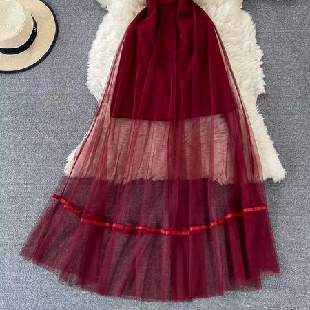 Philo Mesh Detailed Dress - close-up of skirt, red - Miss Mosa By Akanksha