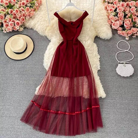 Philo Mesh Detailed Dress - front shot on hanger, red - Miss Mosa By Akanksha