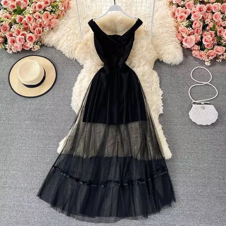 Philo Mesh Detailed Dress - front shot on hanger, black - Miss Mosa By Akanksha