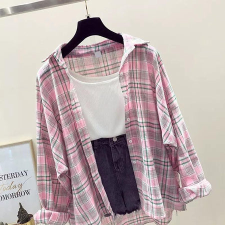 Plaid Streetstyle Shirt (ONLY SHIRT) - front shot on hanger, pink - Miss Mosa By Akanksha