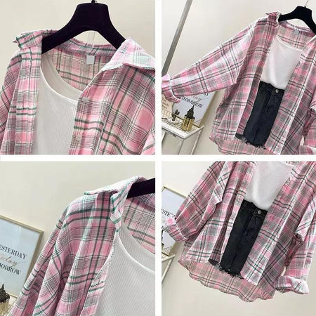 Plaid Streetstyle Shirt (ONLY SHIRT) - close-up of plaid detail, pink - Miss Mosa By Akanksha
