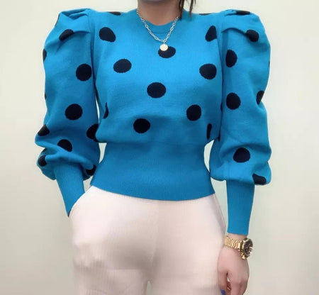 Polka Fanatic Sweaters - front shot on model, blue - Miss Mosa By Akanksha