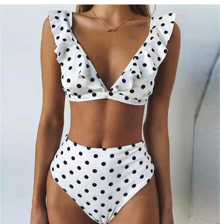 Polka Ruffled Bikinis - front shot on model, white polka - Miss Mosa By Akanksha