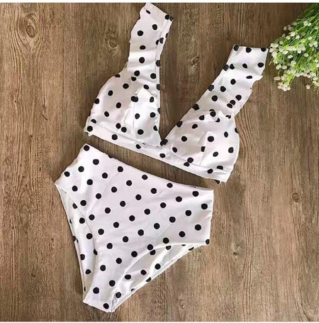 Polka Ruffled Bikinis - styled flat-lay shot, white polka - Miss Mosa By Akanksha