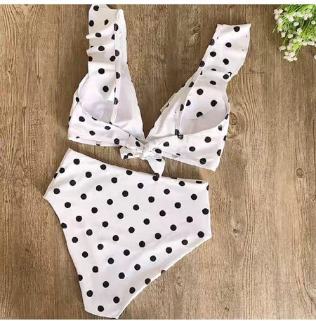 Polka Ruffled Bikinis - styled flat-lay shot, white polka - Miss Mosa By Akanksha