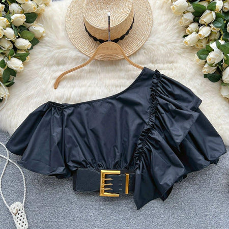 Porto Belted Blouse - styled flat-lay shot, black - Miss Mosa By Akanksha