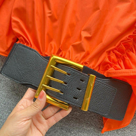 Porto Belted Blouse - close-up of belt buckle, orange - Miss Mosa By Akanksha