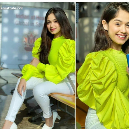 Puffed Sleeve Bradshaw Blouses - lifestyle shot on model, lime green - Miss Mosa By Akanksha