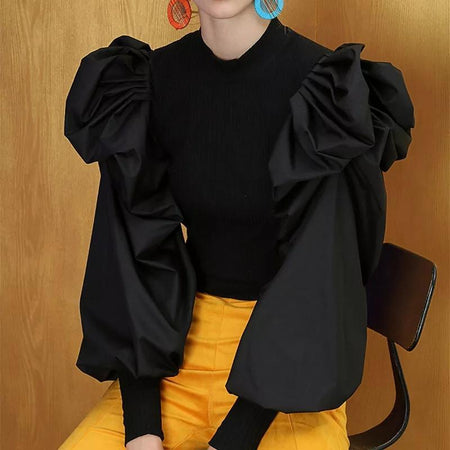 Puffed Sleeve Bradshaw Blouses - front shot on model, black - Miss Mosa By Akanksha