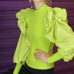 Puffed Sleeve Bradshaw Blouses - front shot on model, lime green - Miss Mosa By Akanksha
