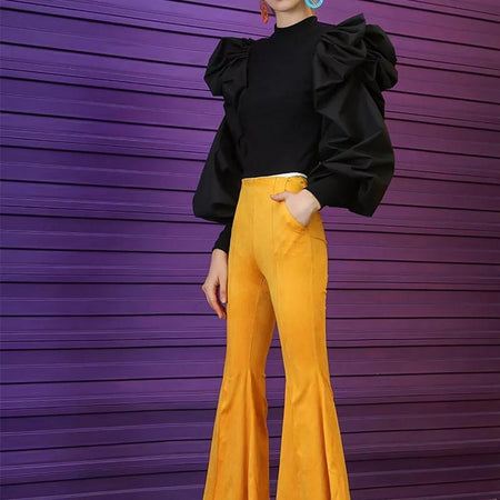 Puffed Sleeve Bradshaw Blouses - full-length shot on model, black - Miss Mosa By Akanksha