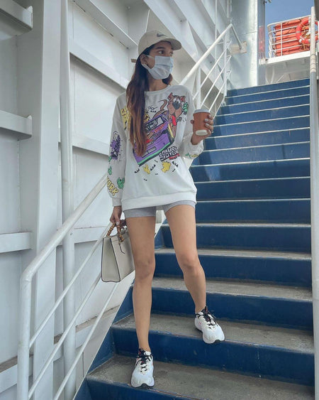 Quirky Cute Sweatshirt - Luxury Collection - lifestyle shot on model, cream - Miss Mosa By Akanksha