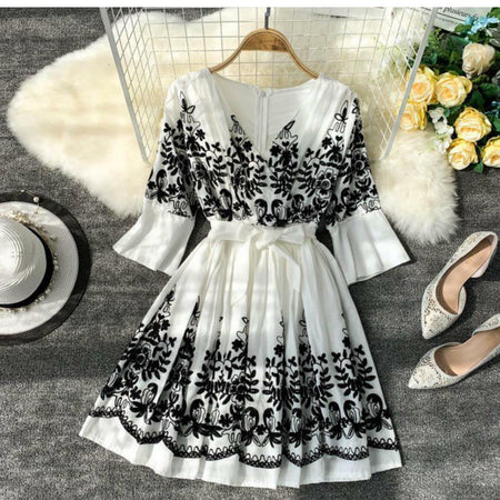 Rabia Embroidery Dress - front shot on hanger, white and black - Miss Mosa By Akanksha