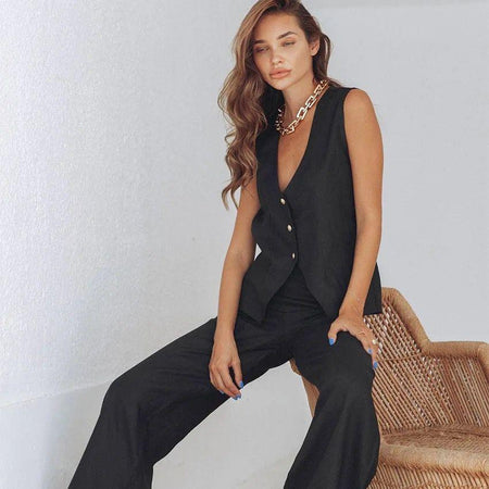 Reina Linen Coord Set - lifestyle shot on model, black - Miss Mosa By Akanksha