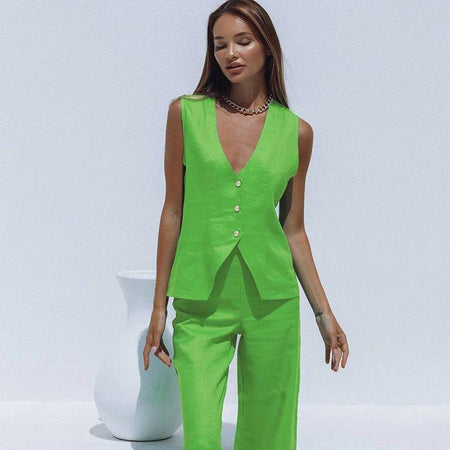 Reina Linen Coord Set - lifestyle shot on model, green - Miss Mosa By Akanksha