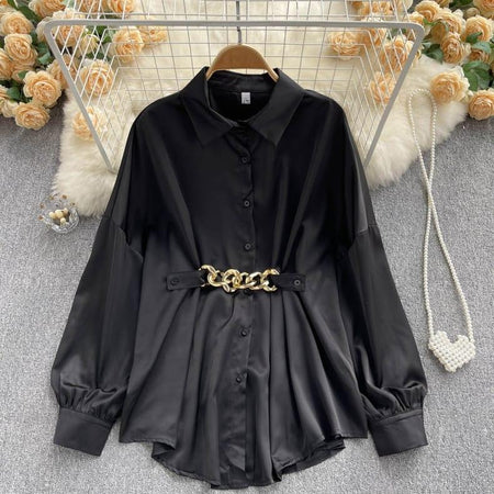 Renata Satin Shirt Dress - flat lay on hanger, black - Miss Mosa By Akanksha
