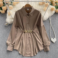 Renata Satin Shirt Dress - flat lay on hanger, mocha brown - Miss Mosa By Akanksha