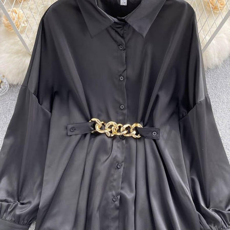 Renata Satin Shirt Dress - chain belt close-up, black - Miss Mosa By Akanksha